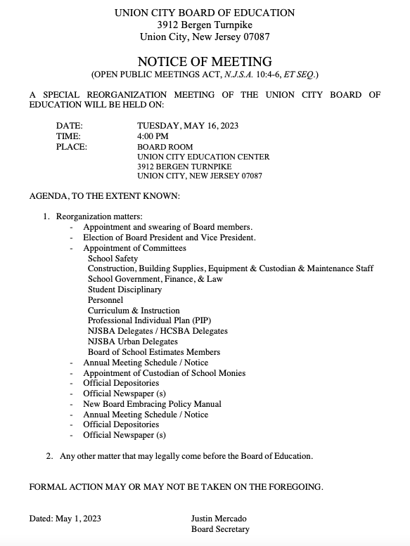 🚨ATTENTION🚨 Special Meeting of the Union City Board of Education is SCHEDULED for