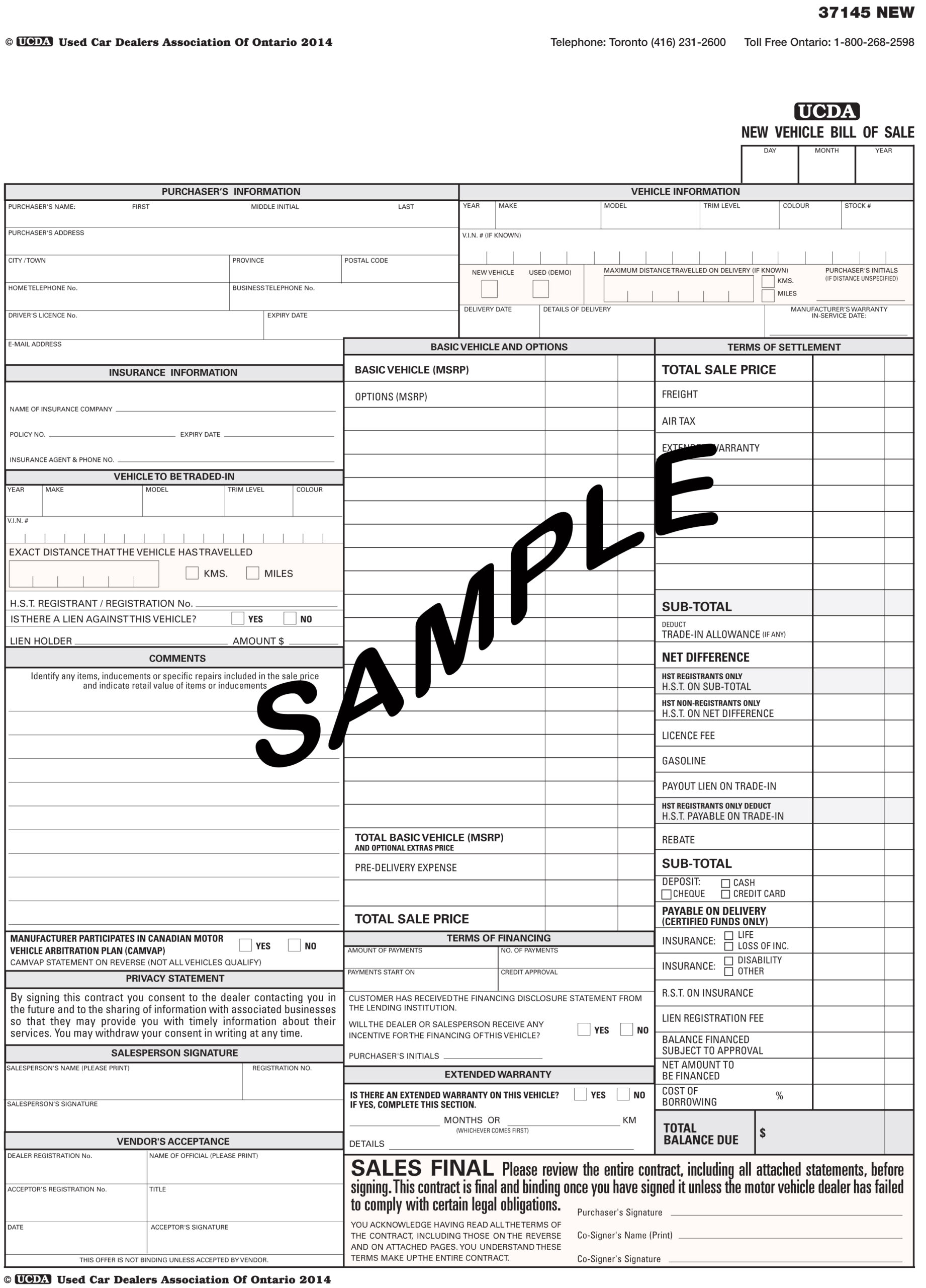 New Vehicle Bill of Sale The Used Car Dealers Association of Ontario