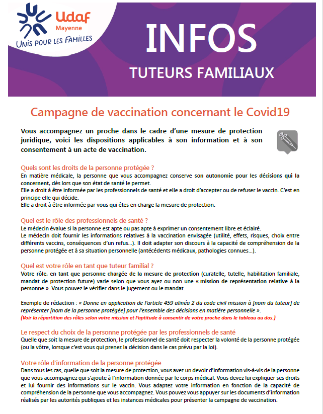 Infos Tuteurs Familiaux Campagne de vaccination UDAF 53