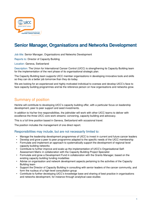 Job Description Senior Manager, Organisations and