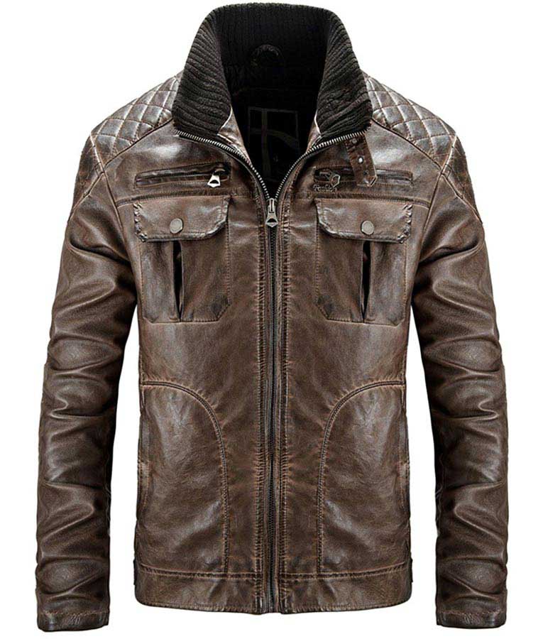 Mens Distressed Quilted Jacket Waxed Brown Leather Jacket Ujackets