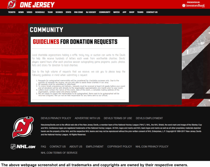 Product Donation Guide New Jersey Devils