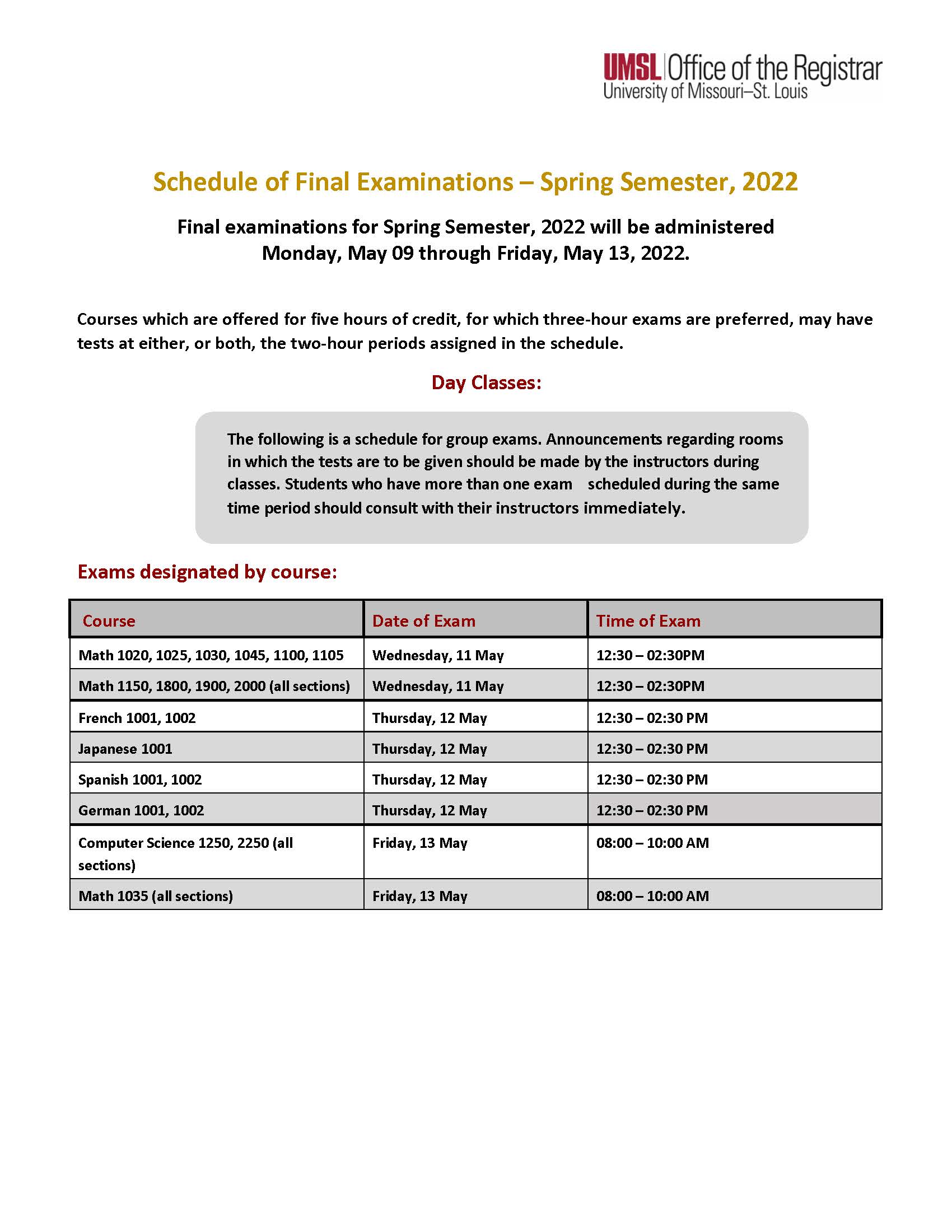 Umsl Finals Schedule Spring 2023 Final Exams | Umsl