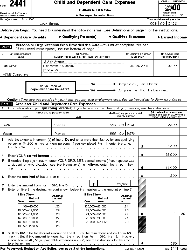 Publication 503 Child and Dependent Care Expenses; Examples