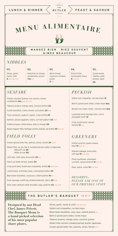 Art of the Menu The Butler Potts Point