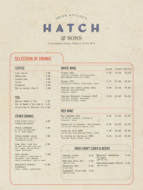 Art of the Menu Hatch & Sons Irish Kitchen