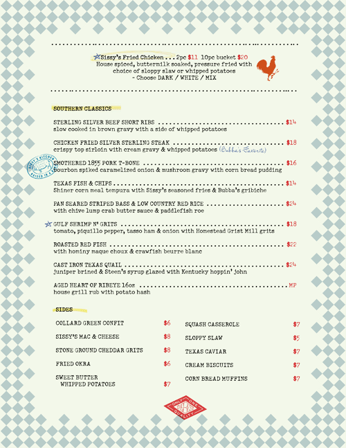 Art of the Menu Sissy’s Southern Kitchen