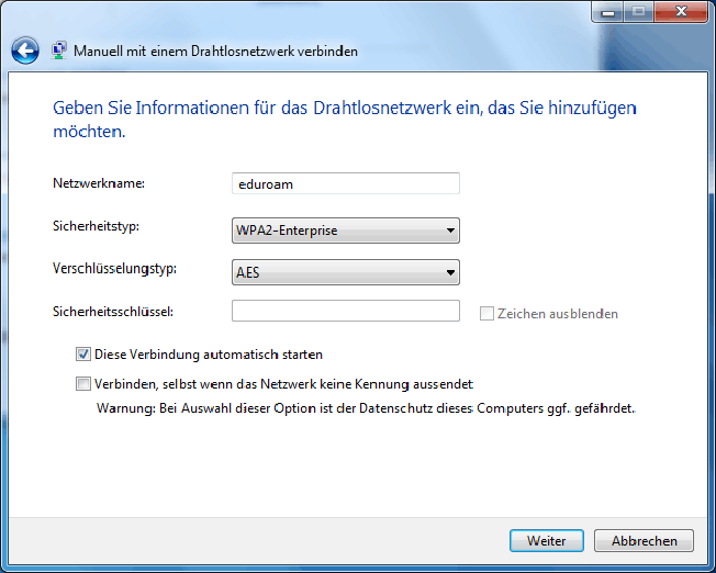 Konfiguration von eduroam unter Windows 7
