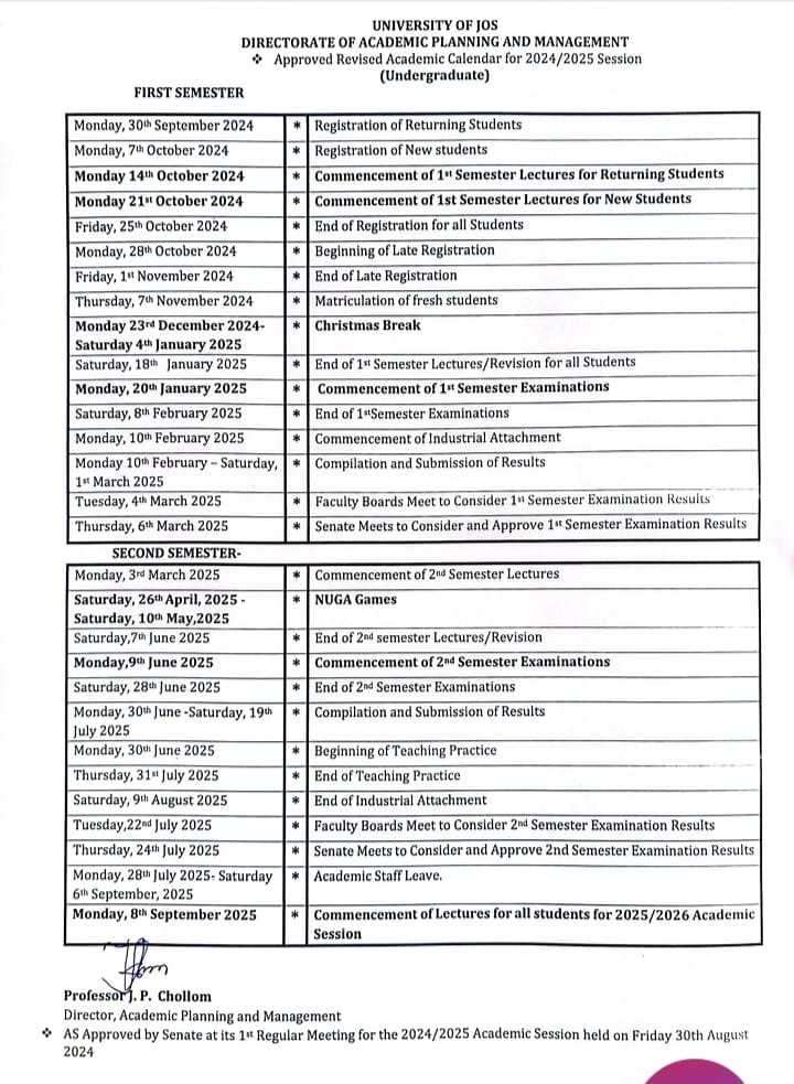 Unijos Approves Revised Calendar for the 2024/2025 Academic Session University of Jos Nigeria