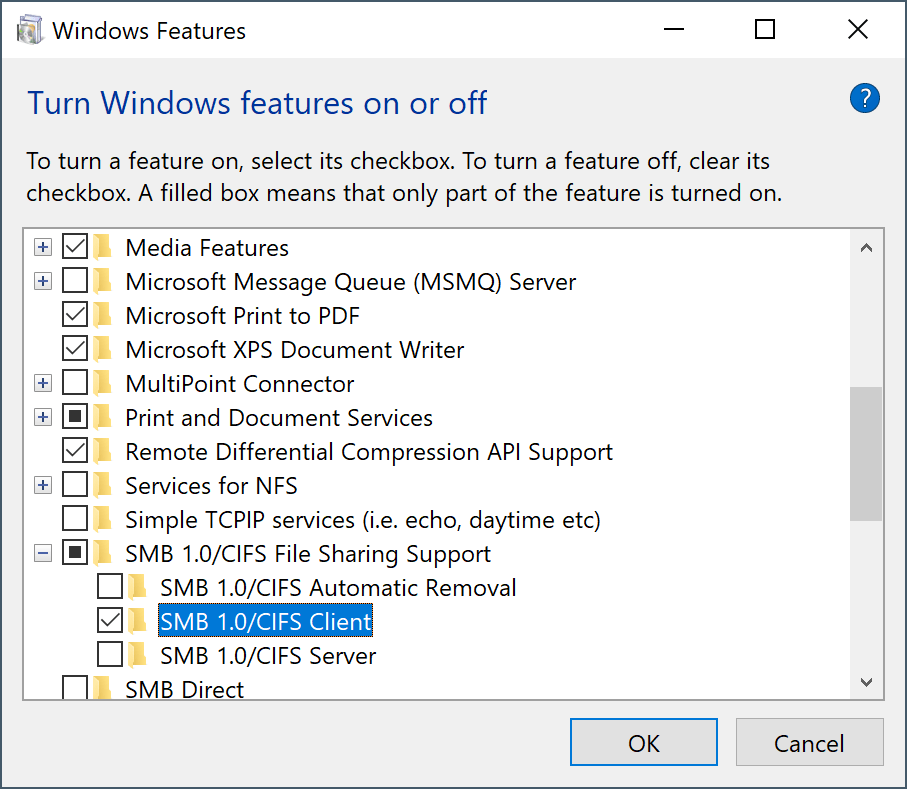 SMB 1 in Windows 10 UNIS