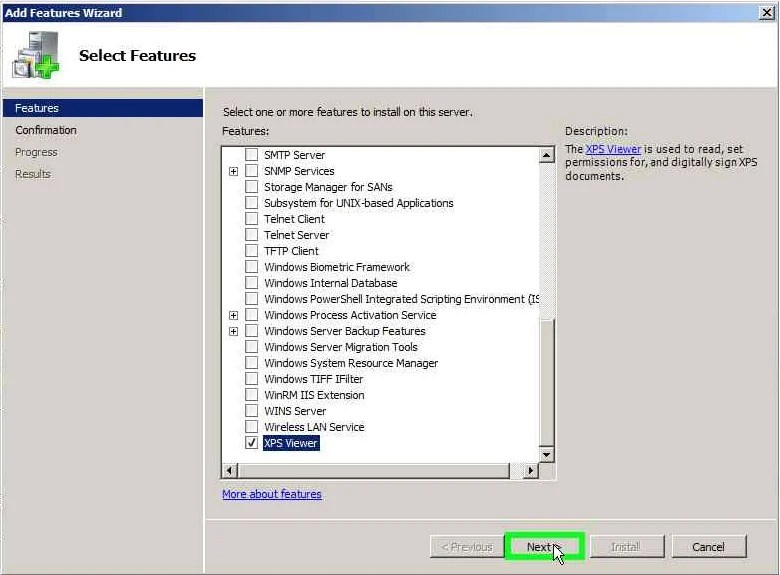How to enable XPS Viewer in Windows Server 2008 R2