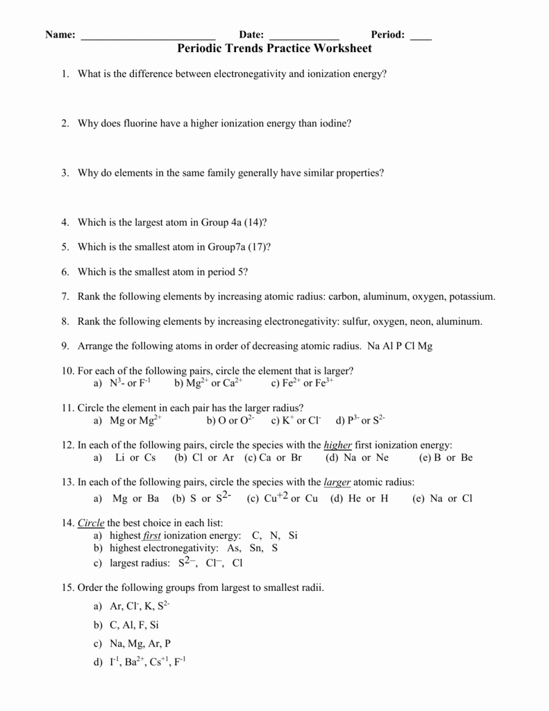 Periodic Trends Worksheets Answer Key