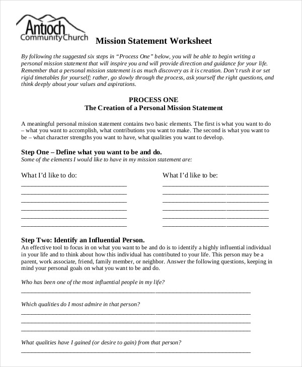 8 Personal Mission Statement Example Synonym Sample Worksheets Samples