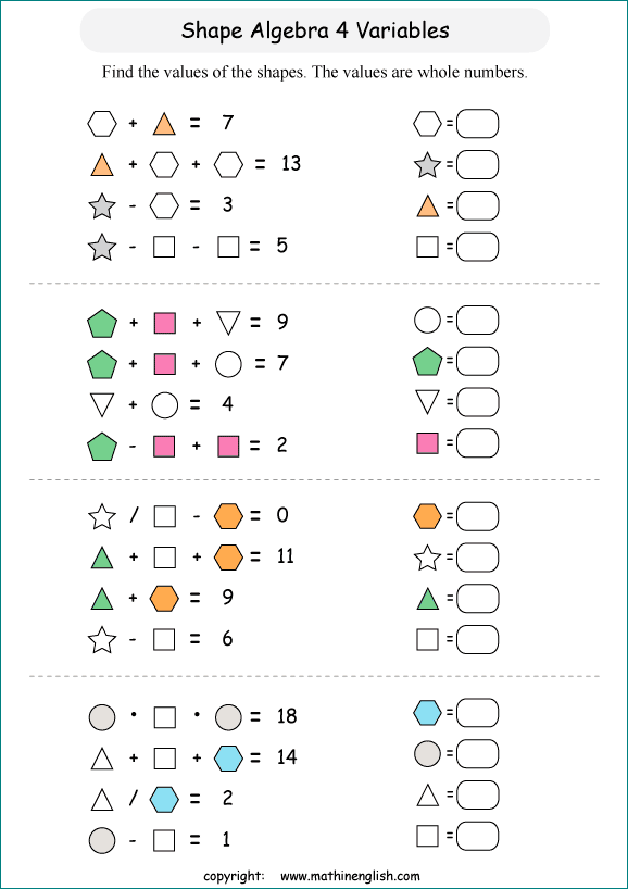 3 Variables Shape Algebra And Equations Math Puzzles For Kids And Worksheets Samples