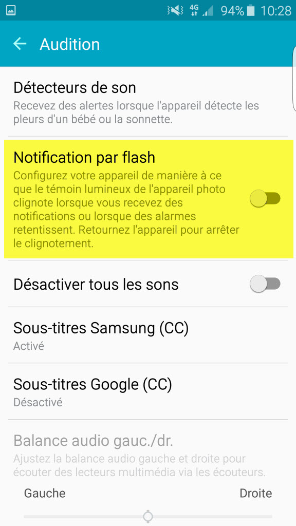 Comment activer la notification par flash pour les appels et SMS sur les Galaxy S6, Galaxy S6