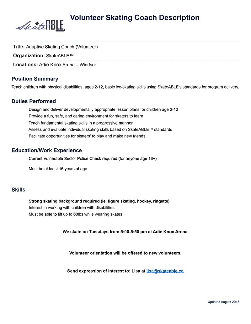 Volunteer Skating Coach Needed for skateABLE™ Program WindsorEssex