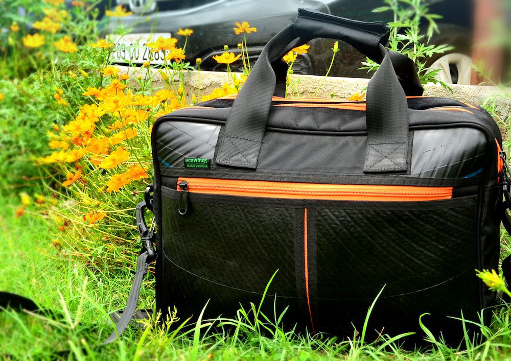 Vegan leather laptop bag Orange Zip Upcycle That