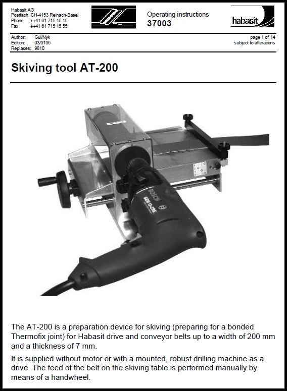 Habasit AT200M Belt Skiver With 120V Motor 200mm