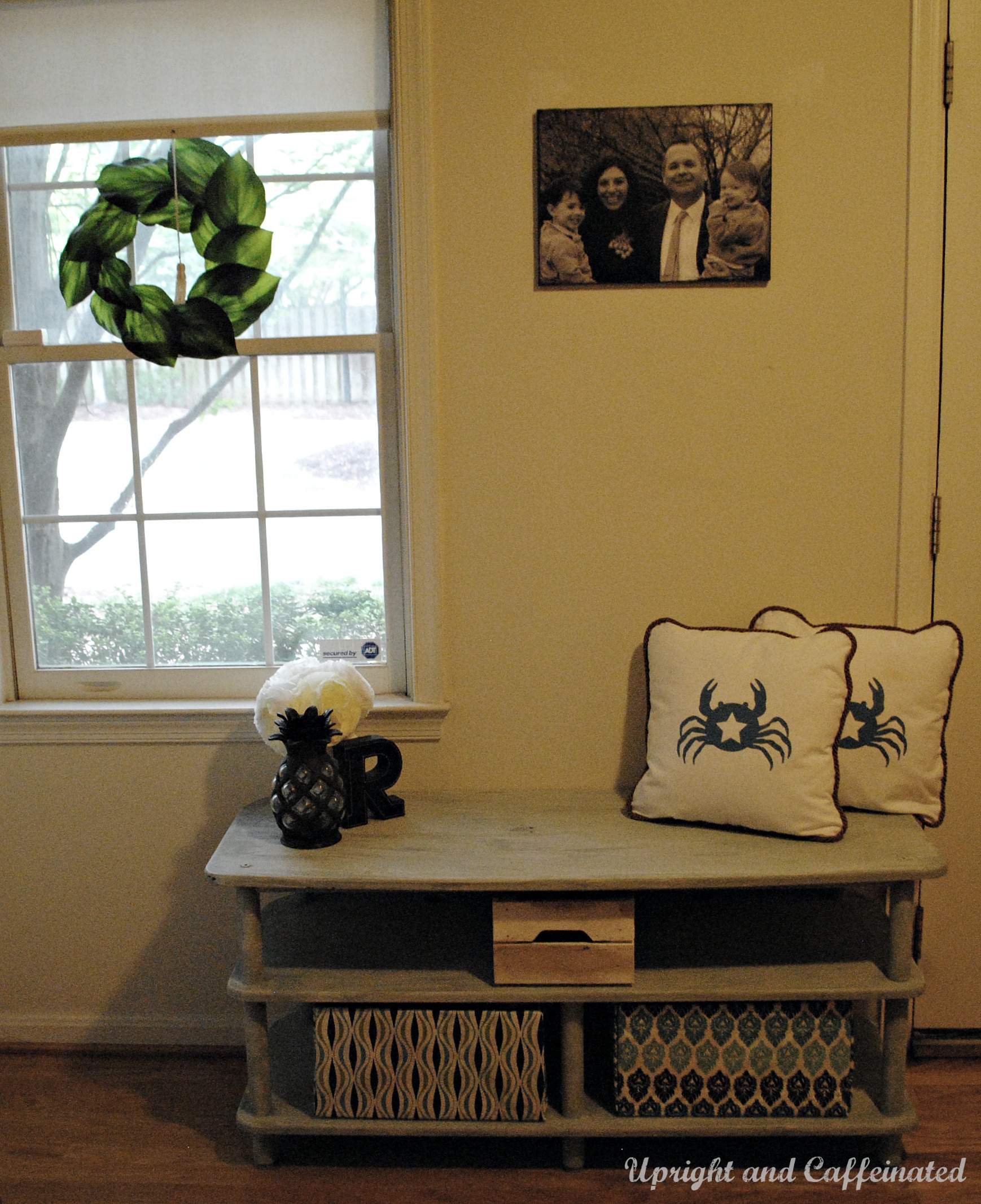 Repurposed Entryway Bench Upright and Caffeinated
