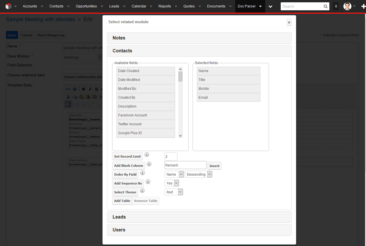 DocParser for SugarCRM export related module data into PDF and Word