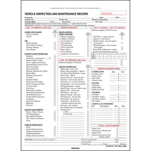 Vehicle Inspection and Maintenance Record, Detailed, Vehicle Inspection