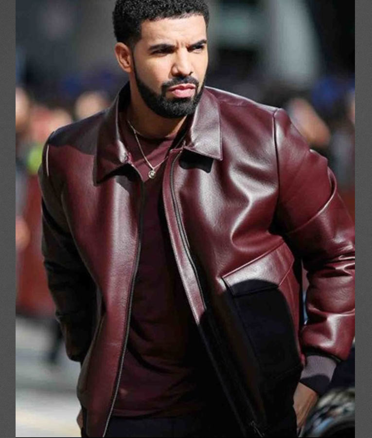 Drake Maroon Leather Bomber Jacket For Mens