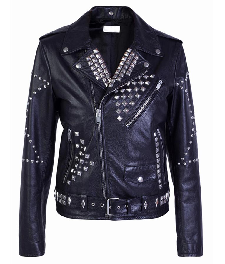 Mens Black Genuine Leather With Silver Studs Motorcycle Jacket