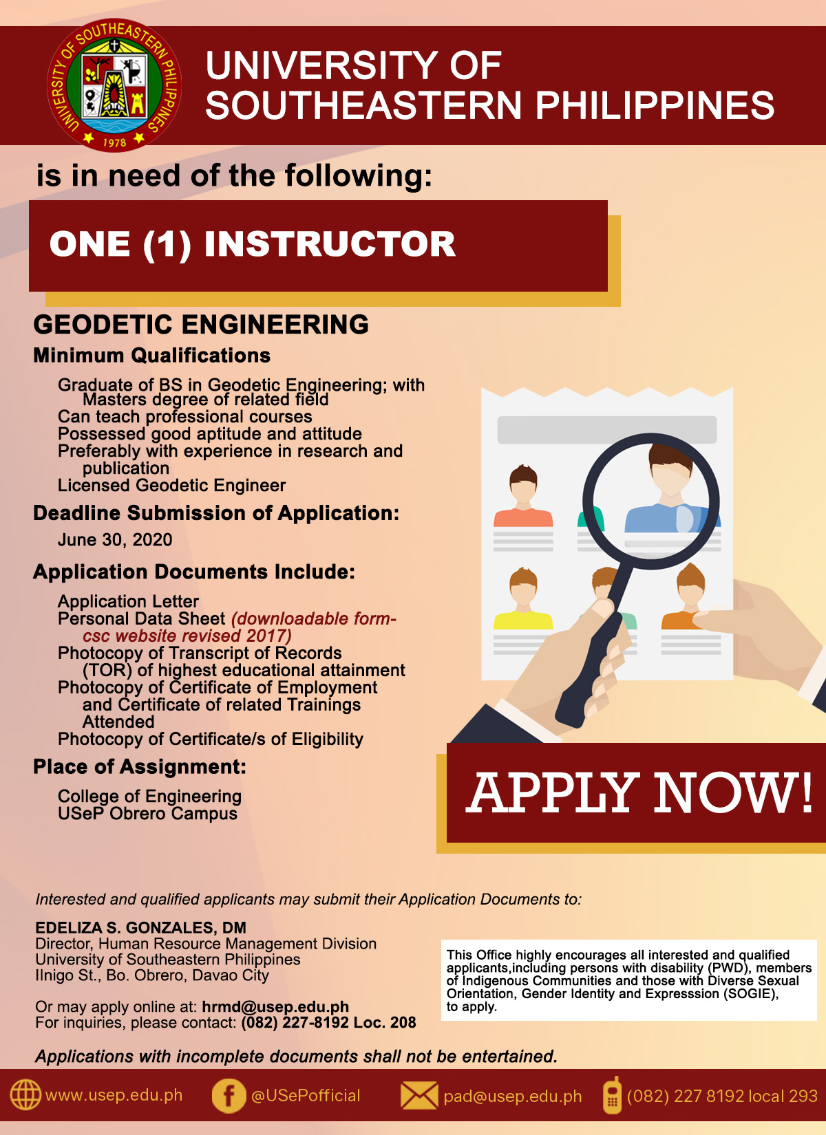 USeP is in need of instructors for the College of Engineering Obrero