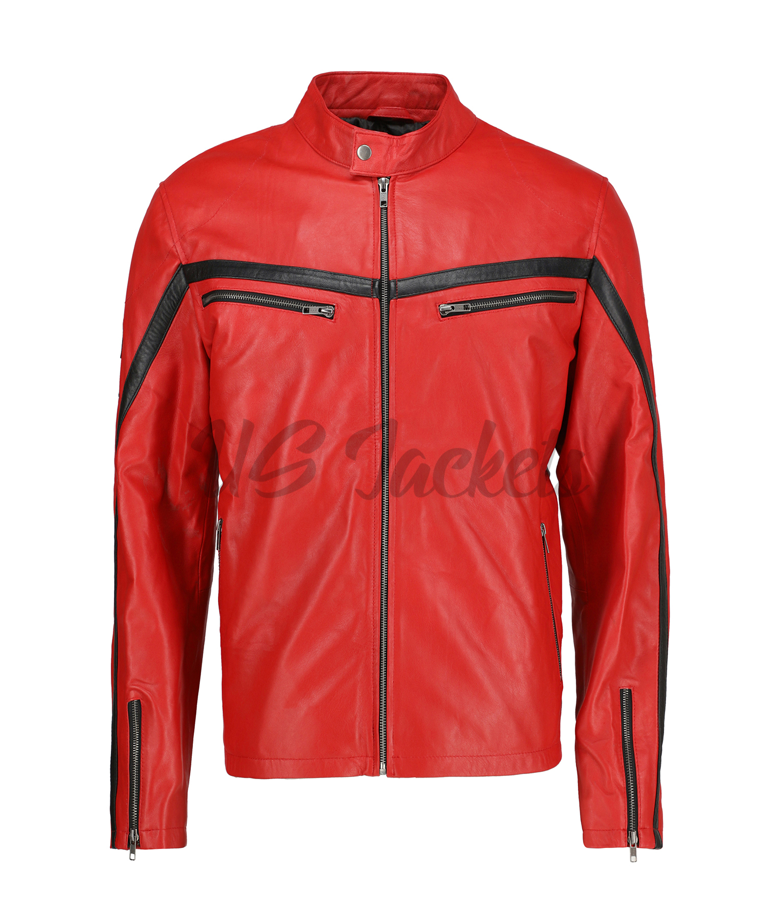 Mens Stripped Red Cafe Racer Jacket