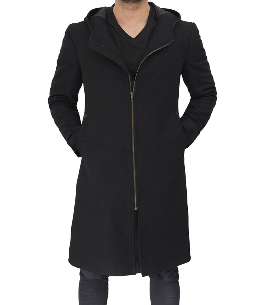 Black Long Wool Coat With Hood For Mens Usjackets