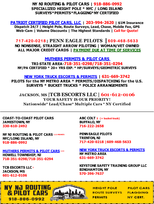 New York Pilot Car, NY Pilot Car, Pilot Car Service, Pilot Car List