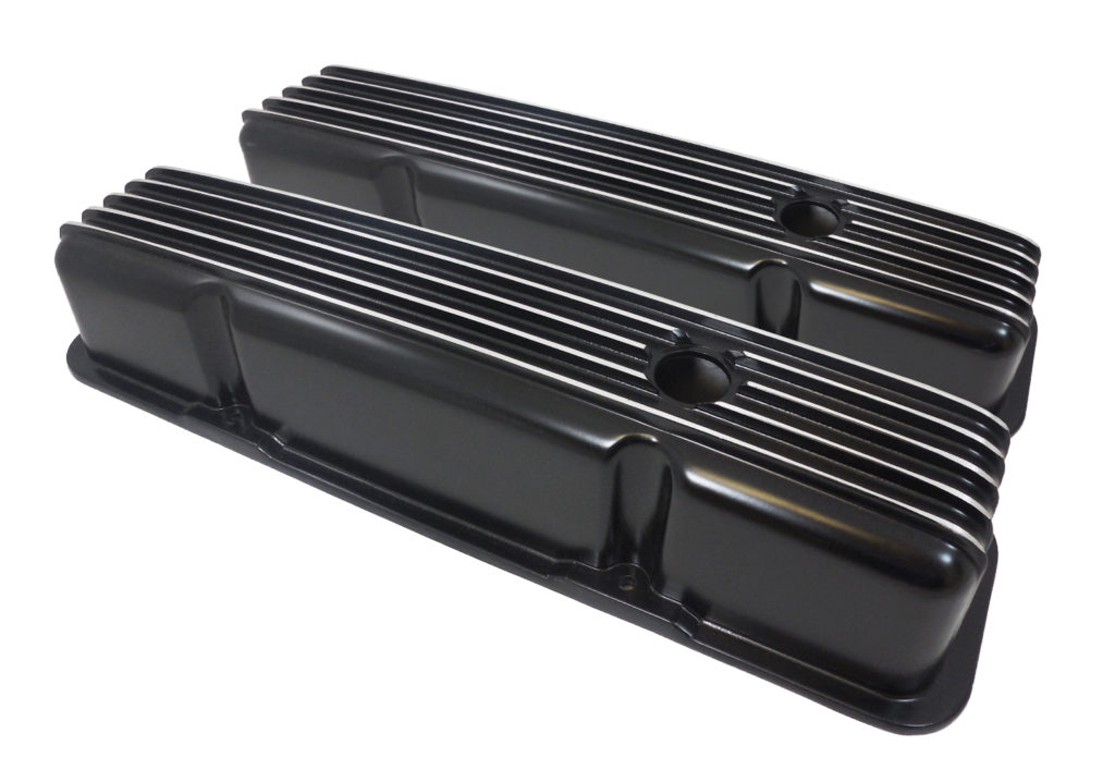 Black valve cover sbc tall finned alum Racing Power Company