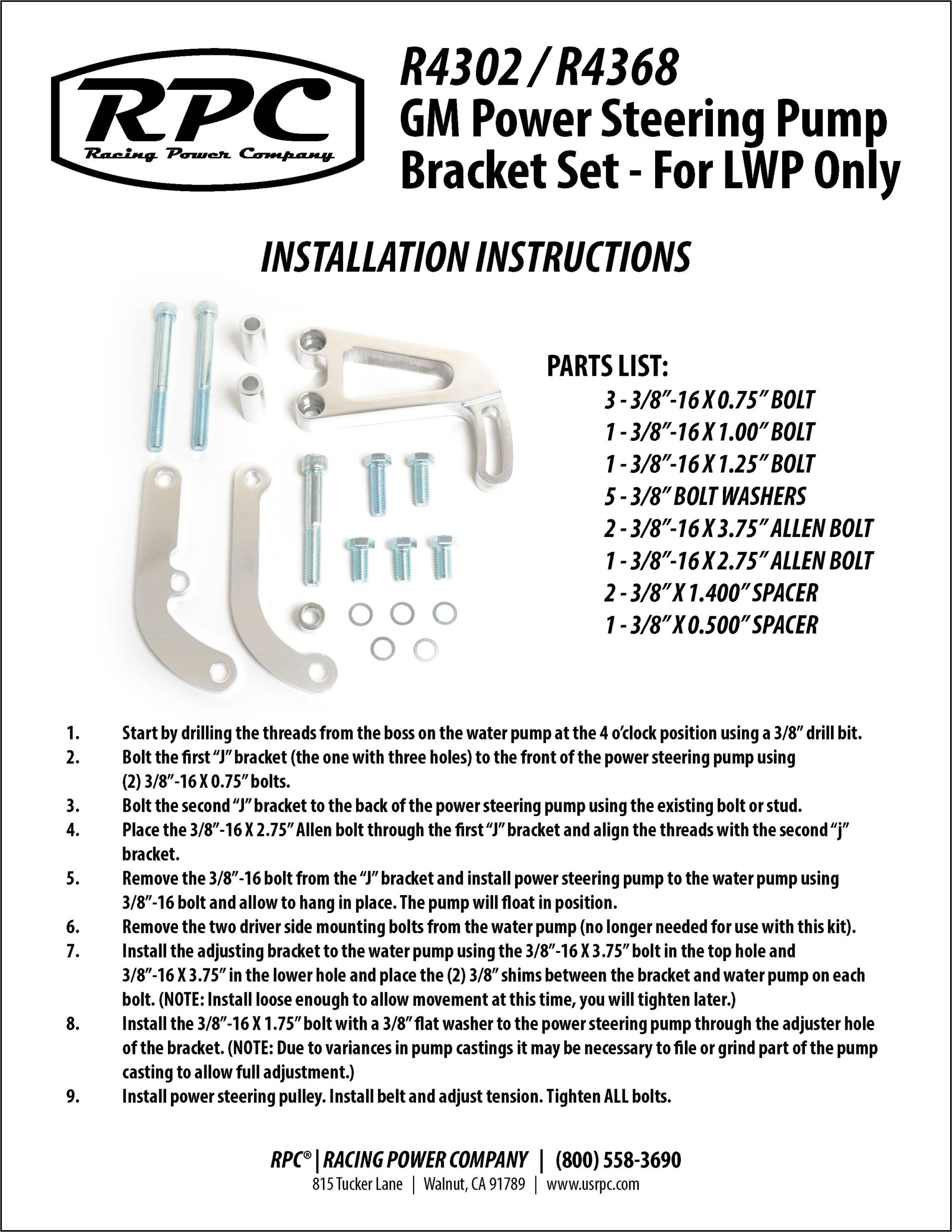 SBC Driver Side Power Steering Pump Bracket Kit For LWP Black