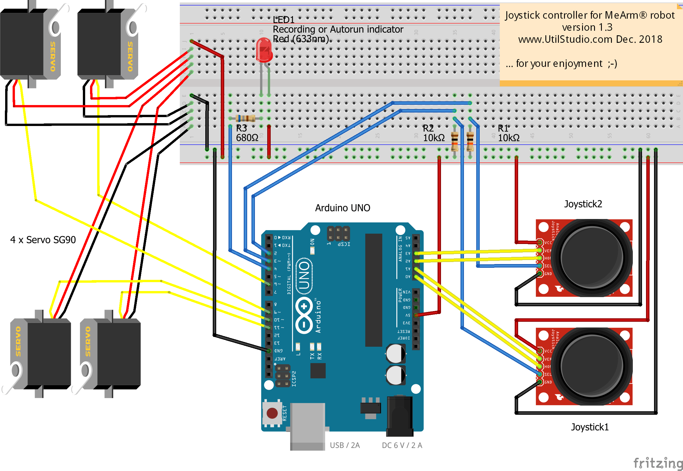 Arduino UNO joystick servo controller for MeArm® robot with record of