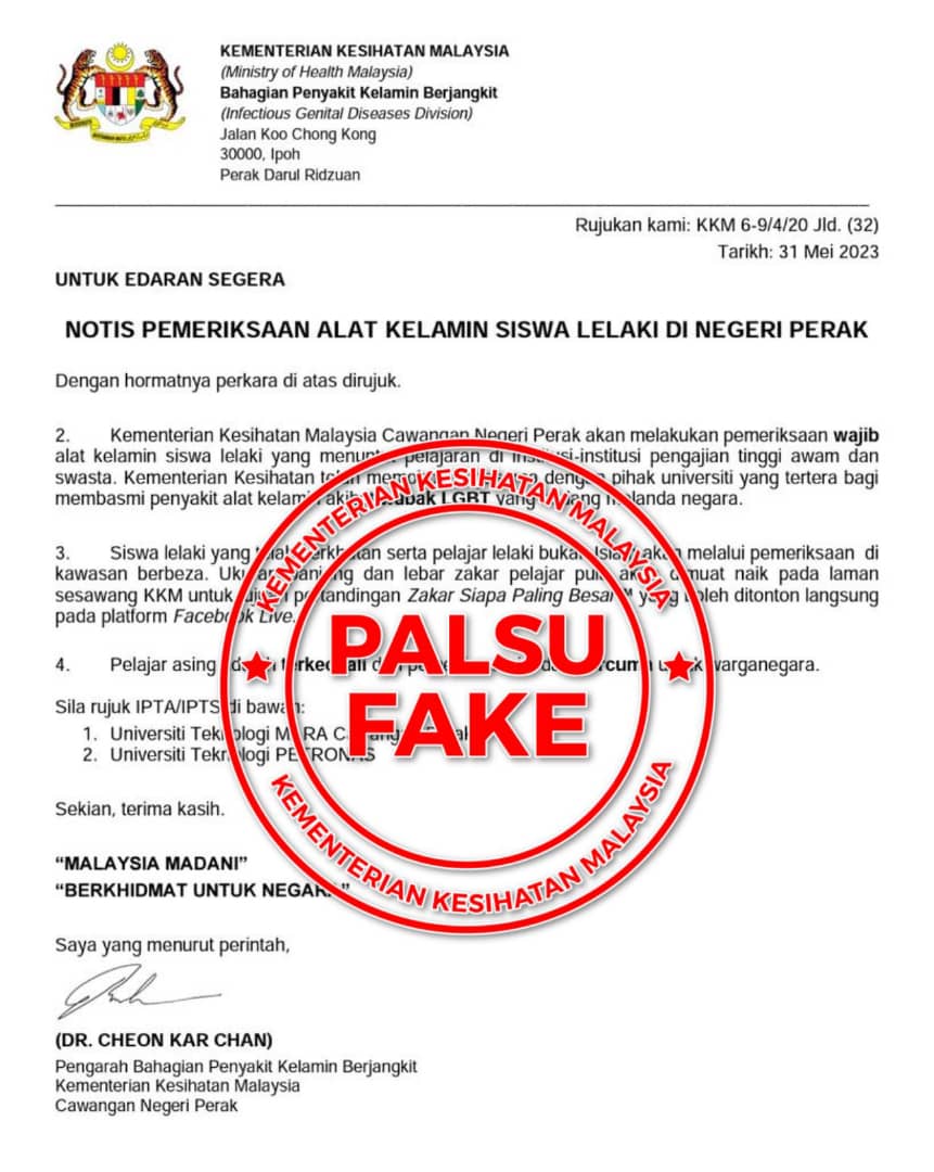 KKM nafi keluar notis pemeriksaan alat kelamin siswa lelaki IPT di