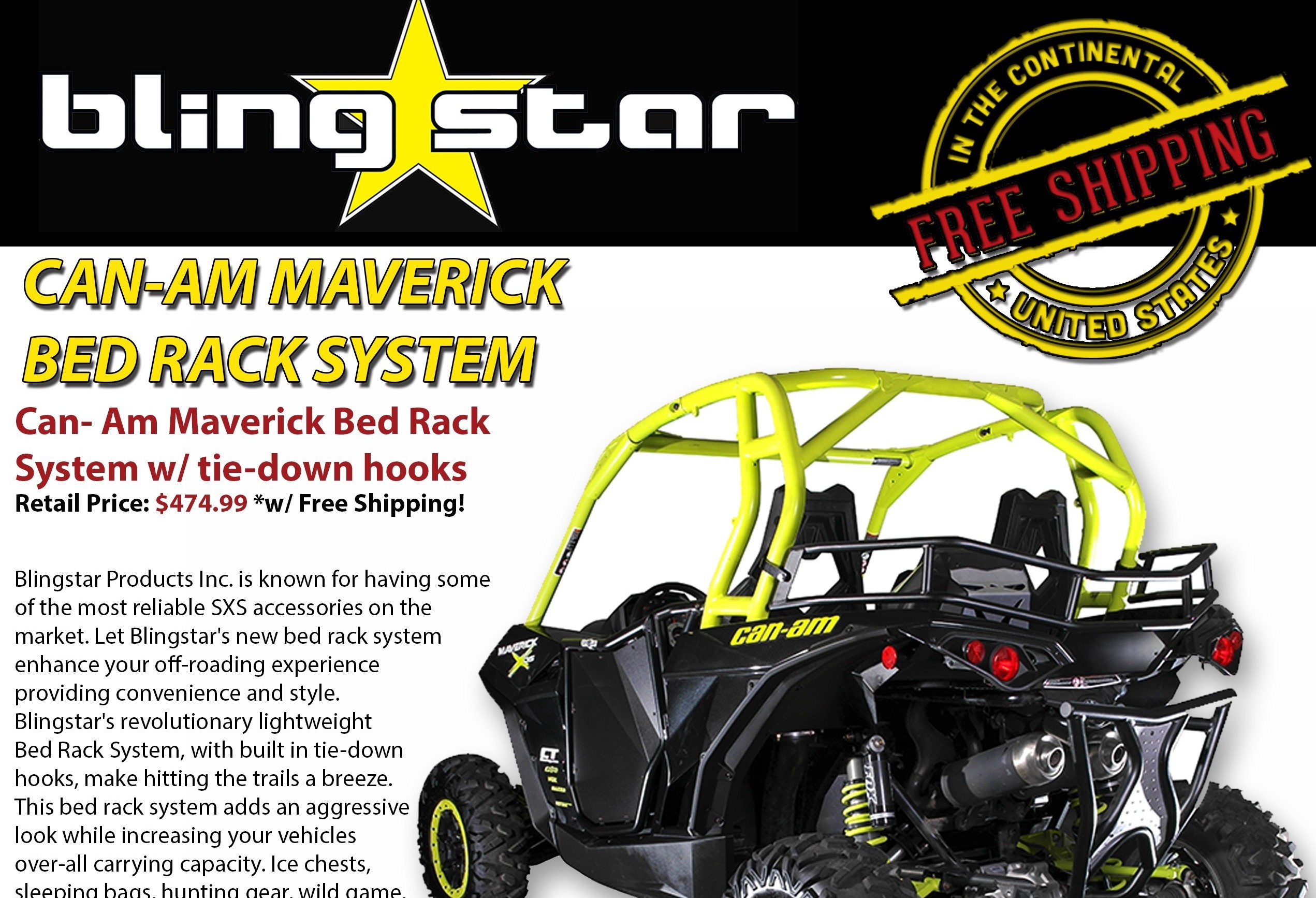 Blingstar CanAm Maverick Bed Rack System w/ tiedown hooks UTV On Demand