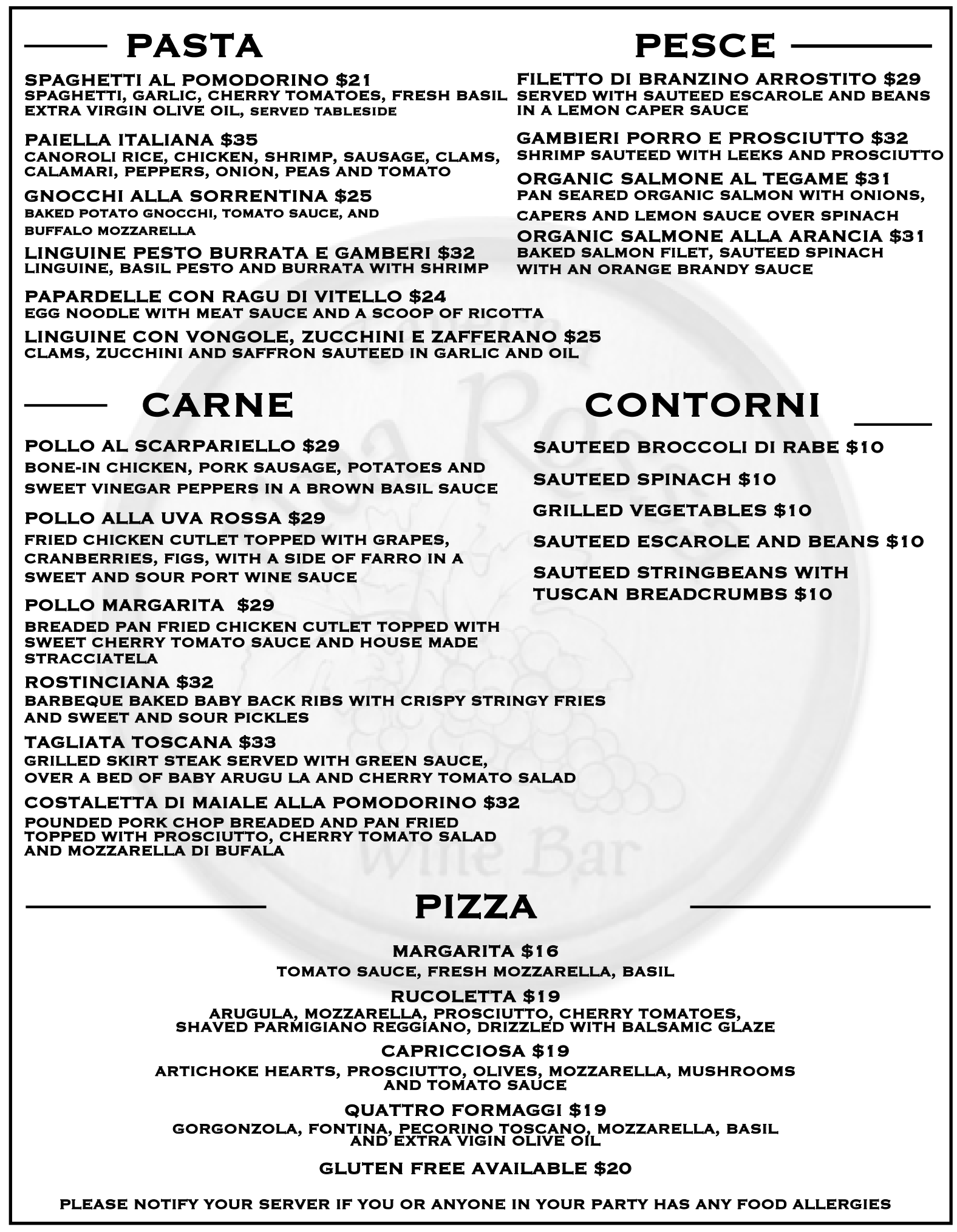 Menus Uva Rossa Taverna Wine Bar Malverne