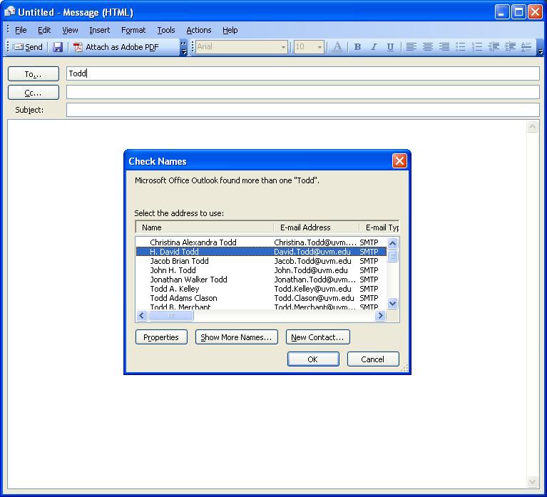Using Microsoft Outlook 2003 address searching