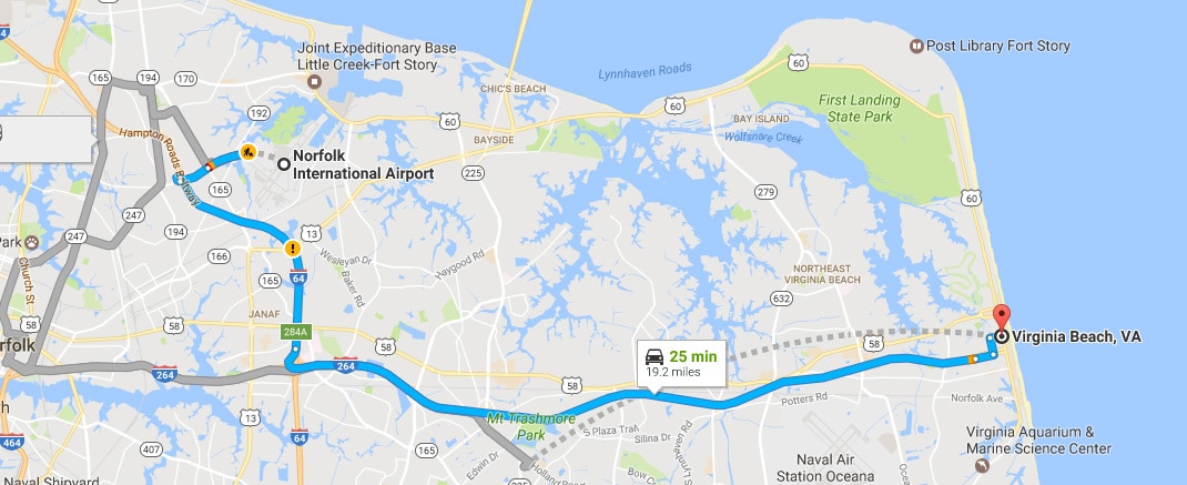 How far is it from airport (ORF) to the Virginia Beach oceanfront? Is