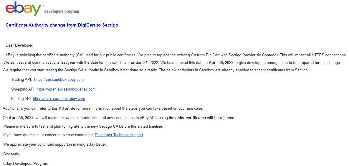 eBay Changing Certificate Authority From Digicert to Sectigo