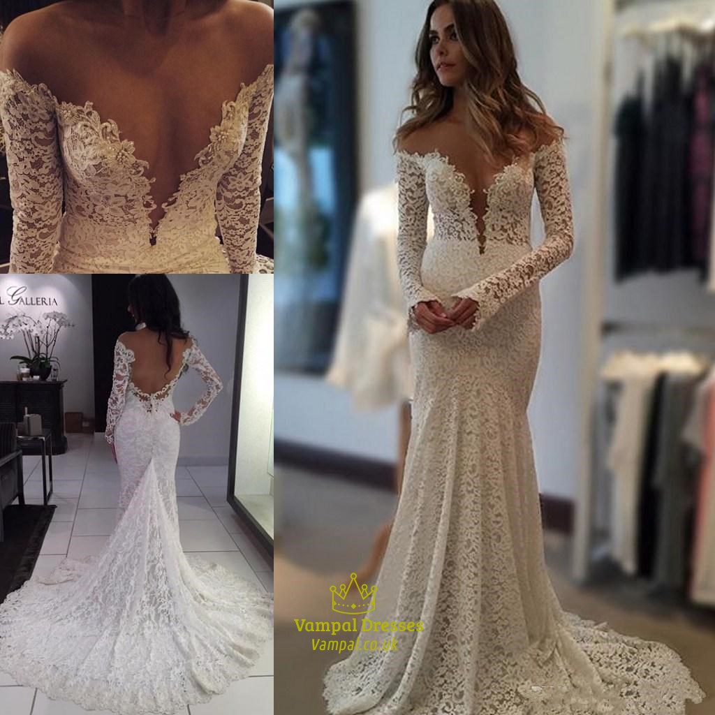 Deep V Neck Long Sleeve Mermaid Lace Wedding Dress With Sheer Back