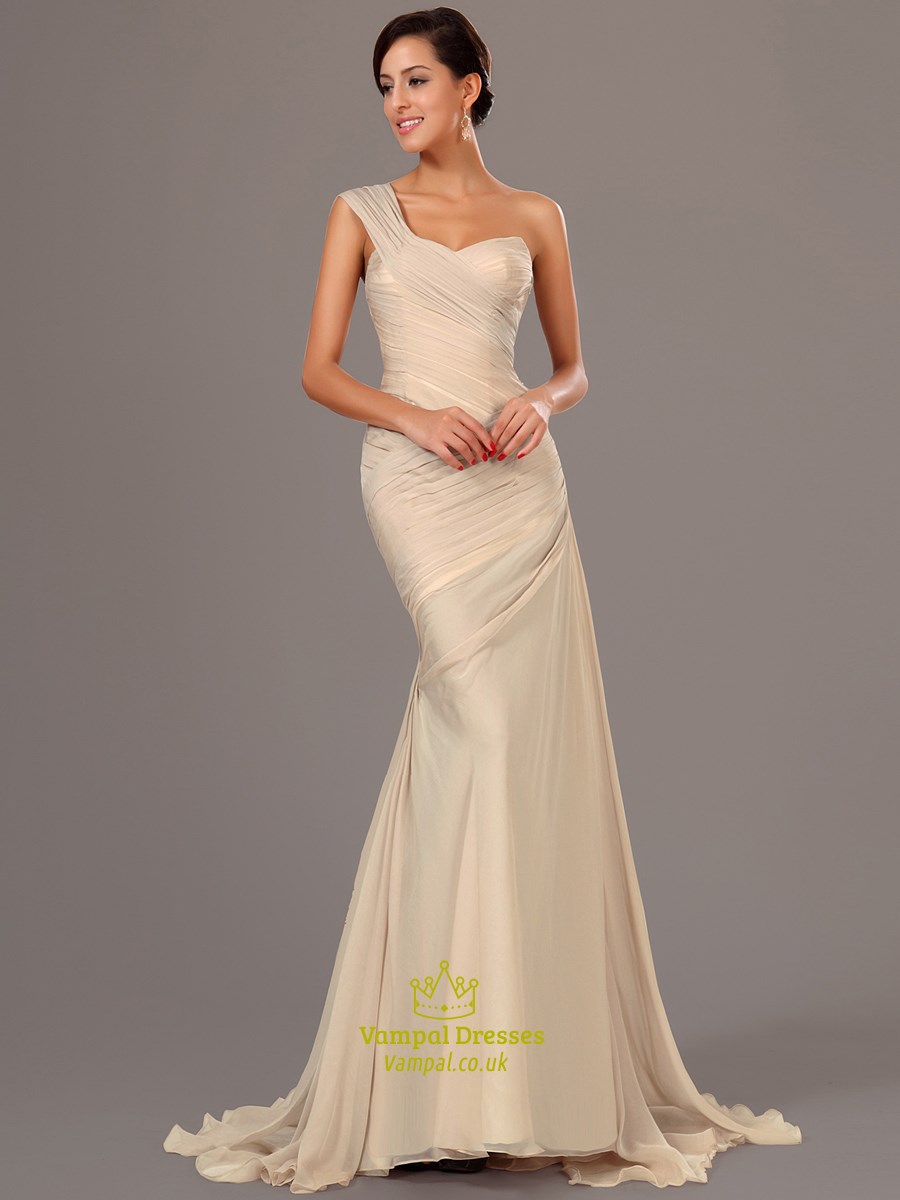 Champagne One Shoulder Sleeveless Ruched Sheath Chiffon Prom Dress