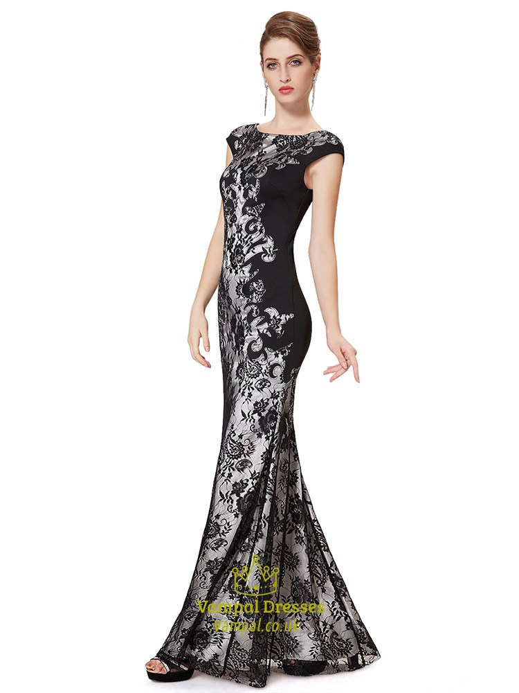 Black Lace Mermaid Prom Dresses 2015,Long Black Lace