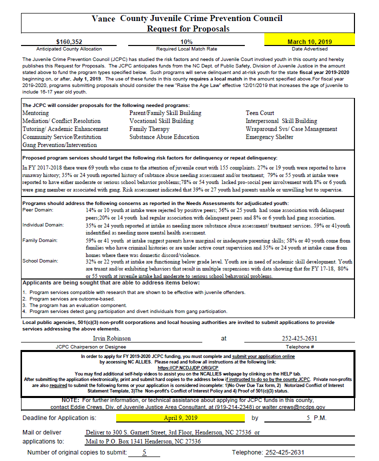 Vance County Juvenile Crime Prevention Council Request for Proposals
