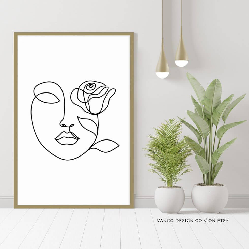 Abstract Face Line Drawing Wall Art, Rose Minimalist Line Art Wall Decor Line Drawing Print