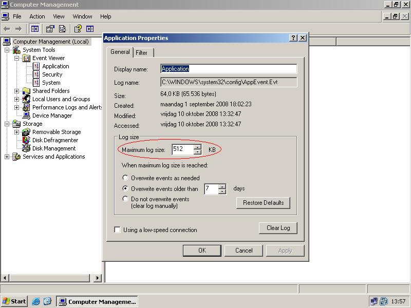 Adjust the Windows Event Log size Vanstechelman.eu