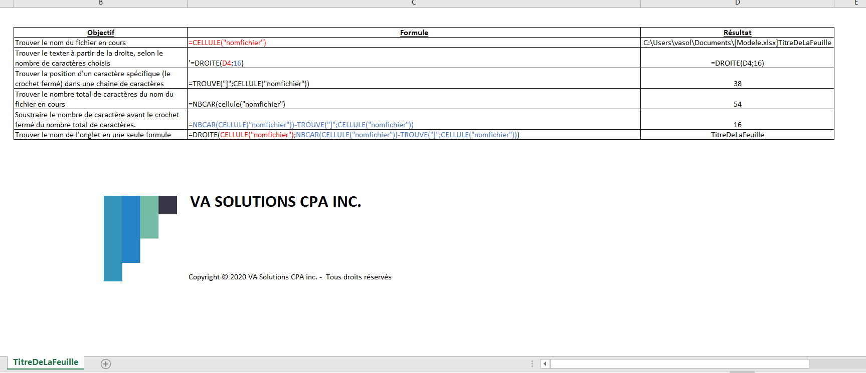 Obtenir automatiquement le nom d'un onglet dans Excel VA Solutions CPA inc.