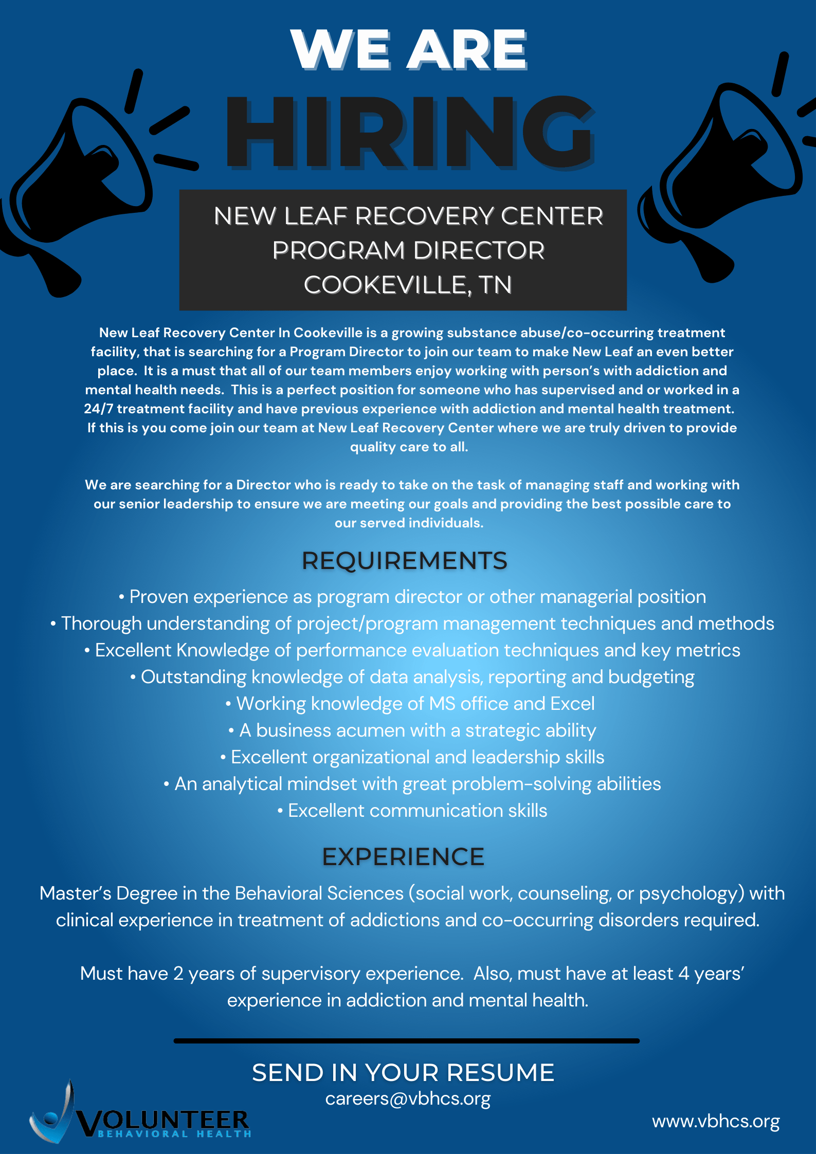 HIRING! NEW LEAF RECOVERY CENTER PROGRAM DIRECTOR IN COOKEVILLE,TN