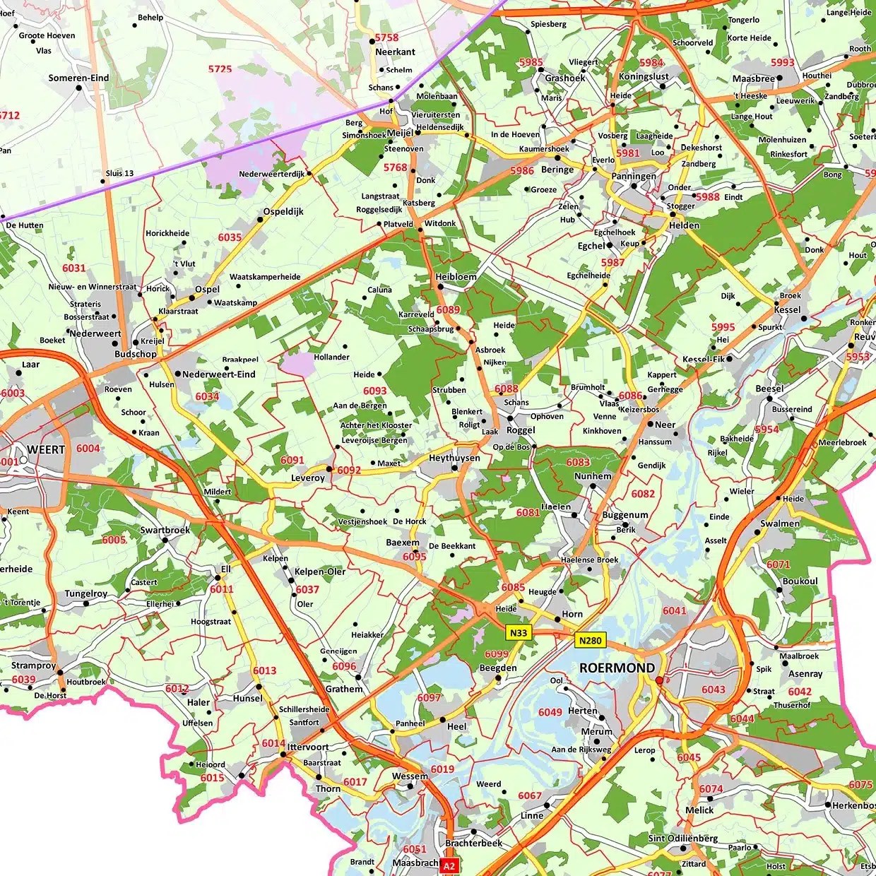 Wegenkaart Nederlands Limburg Postcodekaart provincie Limburg VectorMap
