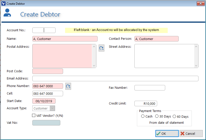 Customer debtor accounts Veculim